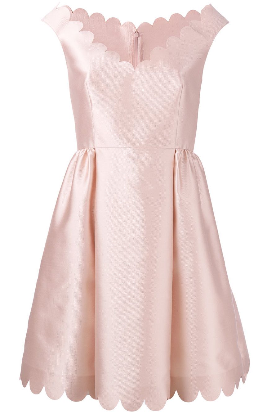 Clothing, Dress, Pink, Day dress, Cocktail dress, A-line, Peach, Neck, Sleeve, Bridal party dress, 