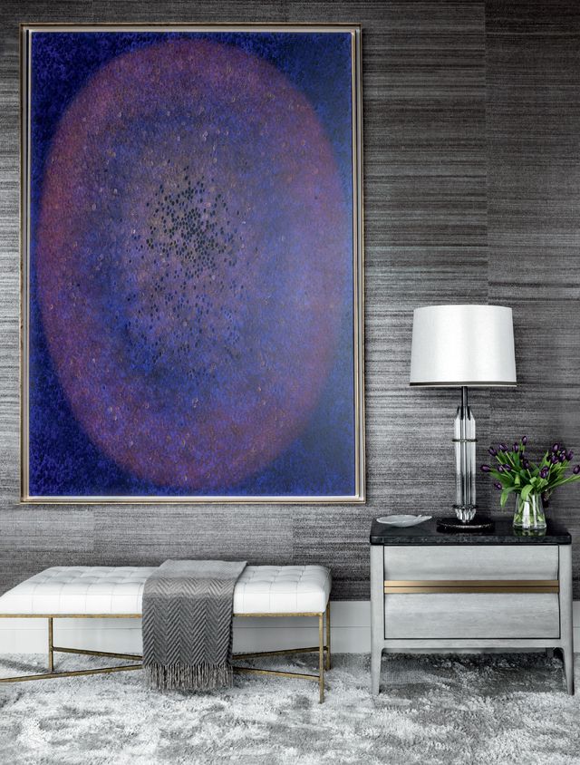 Purple, Violet, Wall, Interior design, Room, Table, Furniture, Wallpaper, Living room, Design, 