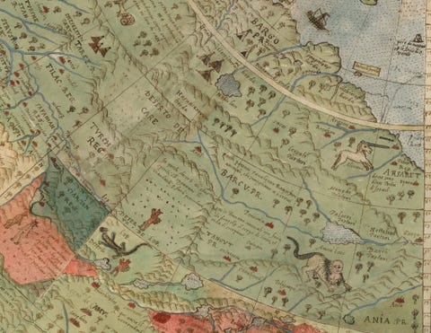 In dit detail van Montes kaart wordt Siberi bevolkt door een eenhoorn rechts en andere wezens