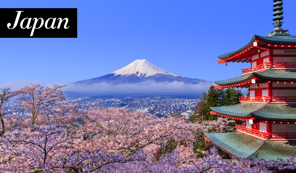 Cherry blossom, Landmark, Tourism, Flower, Japanese architecture, Sky, Mountain, Travel, Spring, Tourist attraction, 