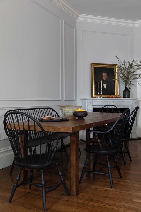 dining table, breakfast nook, wooden antique dining table, black wooden chairs
