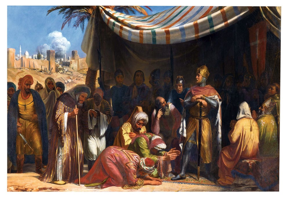 Dit schilderij toont Boudewijn III koning van Jeruzalem die in 1153 de overgave van de stad Asjkelon afdwong Boudewijn genoot de affectie van zijn onderdanen en het respect van zijn vijanden Hij vermeed geweld en zware belastingen Zijn tijdgenoten noemden Boudewijn de ideale koning
