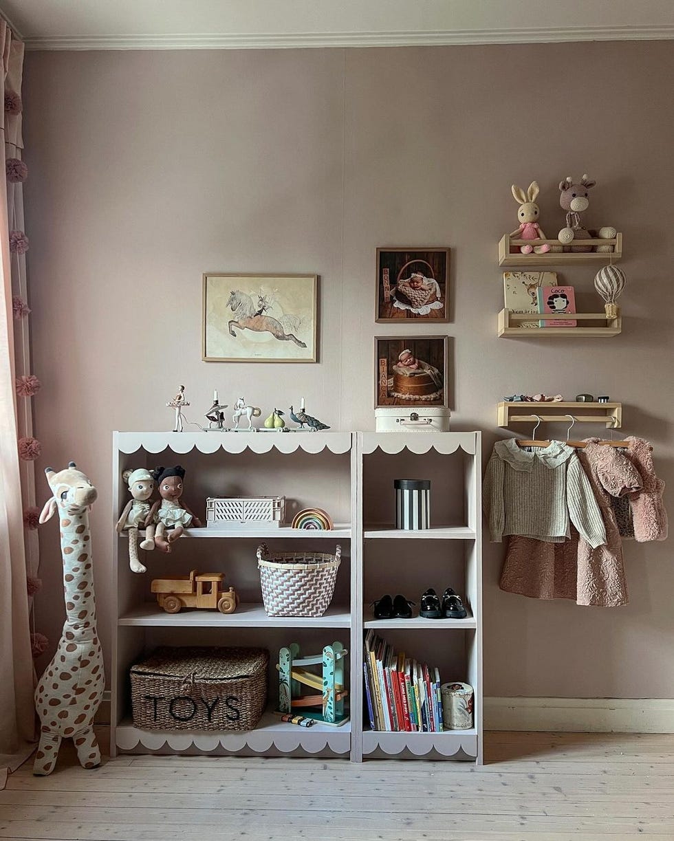 room with shelves and bookcases