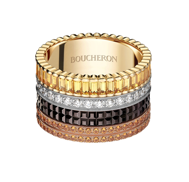 quatre classique系列戒指，18k金、玫瑰金及18k白金，飾以棕色pvd鍍層，鑲嵌黃色剛玉、錳鋁榴石及鑽石