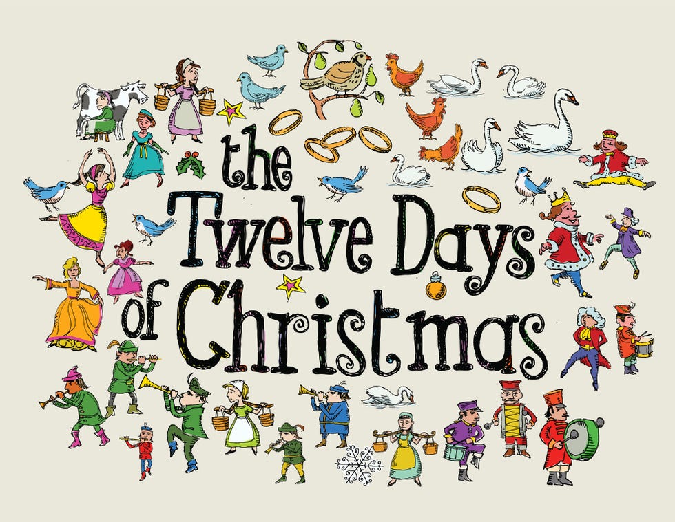 cartoon drawing of all of the gifts in the 12 days of christmas