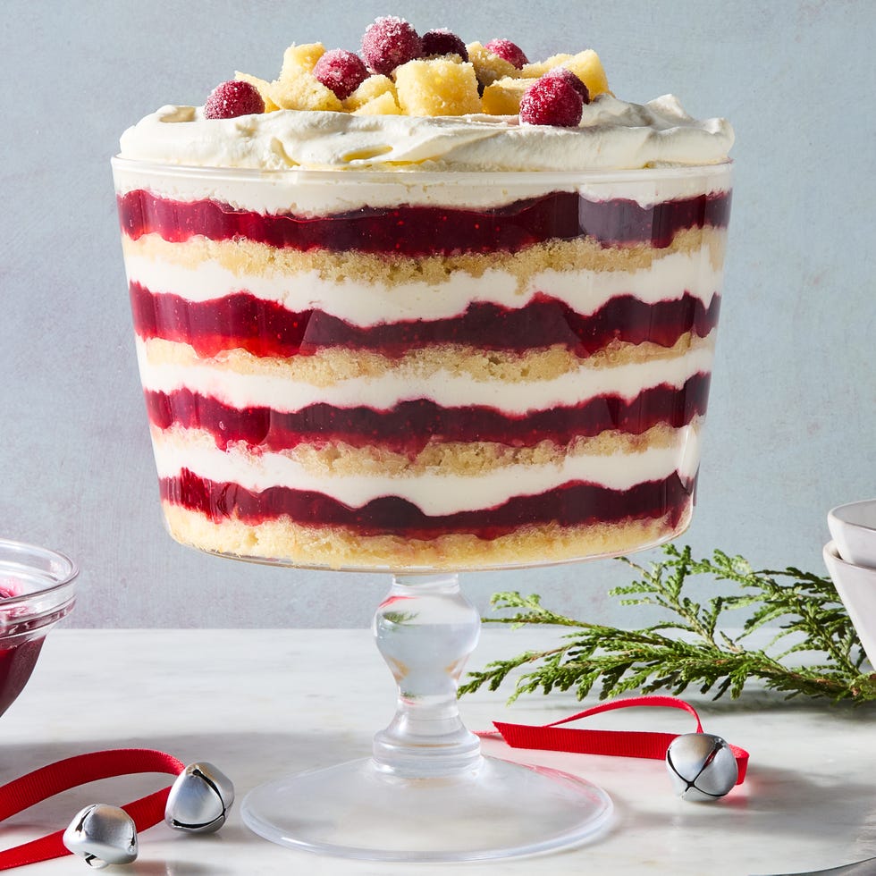 layered trifle topped with sugared cranberries