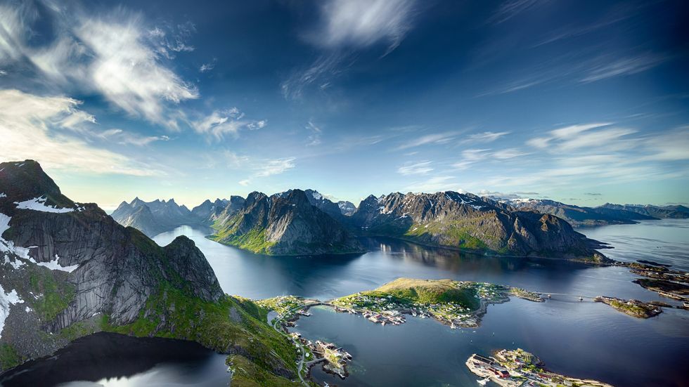 Natural landscape, Nature, Sky, Mountain, Mountainous landforms, Water, Fjord, Reflection, Water resources, Lake, 
