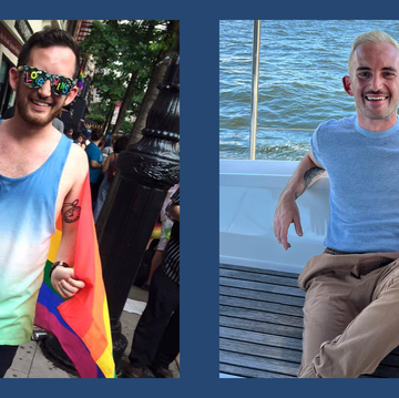 side by side of sean at pride and on a boat