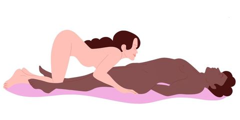 receiver lying flat on their back with hands under their butt and their partner is giving them oral sex