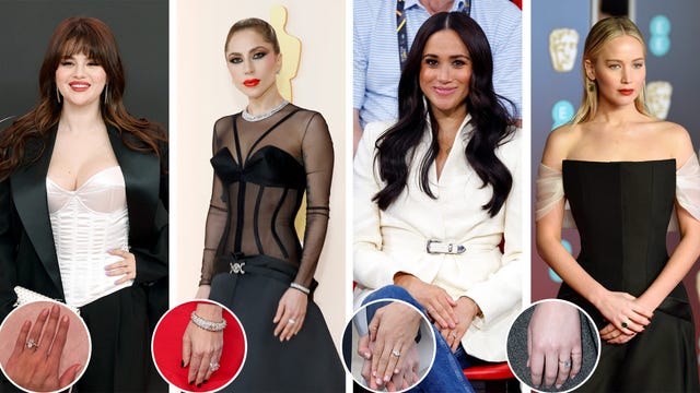 a collage featuring four women in different elegant outfits showcasing rings on their hands