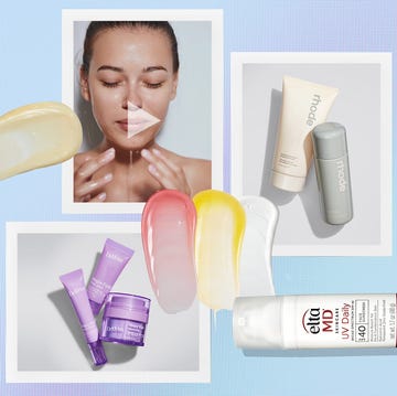 display of various skincare products with gel textures and an image of a person applying a product display of various skincare products with gel textures and an image of a person applying a product