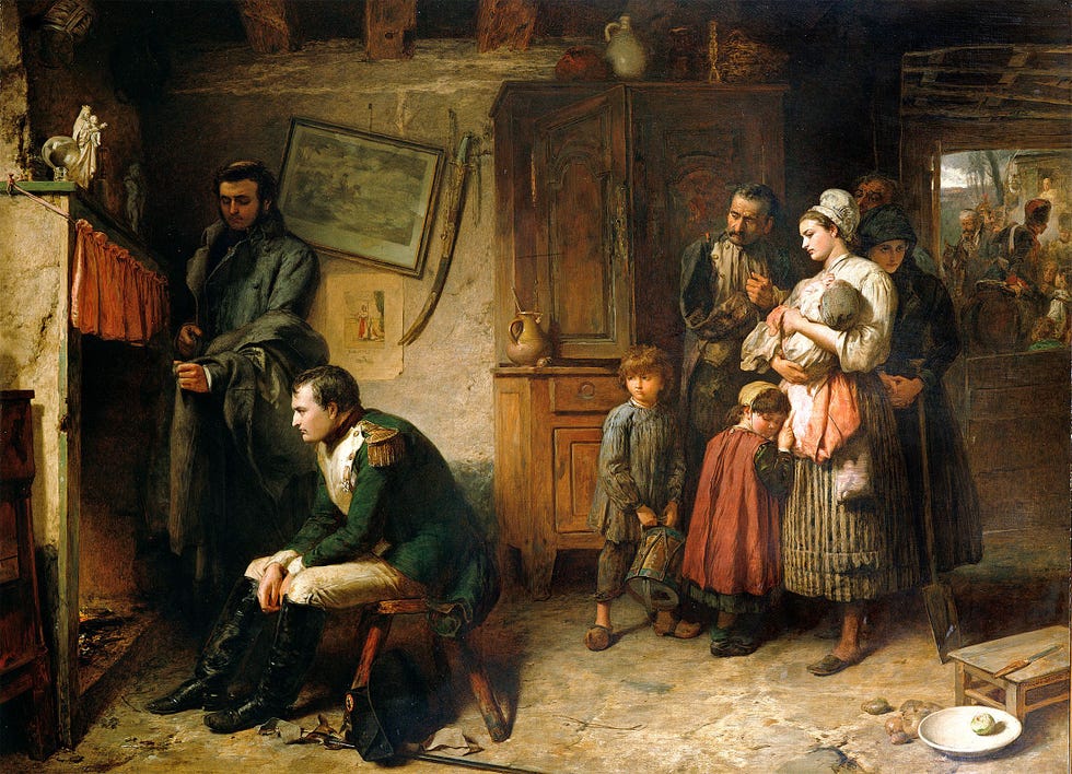 Genspireerd door een lied uit die tijd schilderde Marcus Stone dit tafereel van een in gedachten verzonken Napoleon die tijdens zijn terugkeer uit Waterloo een moment van rust zoekt in een boerenwoning
