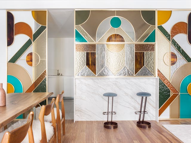 stained glass divider in a madrid home designed by patricia bohrer