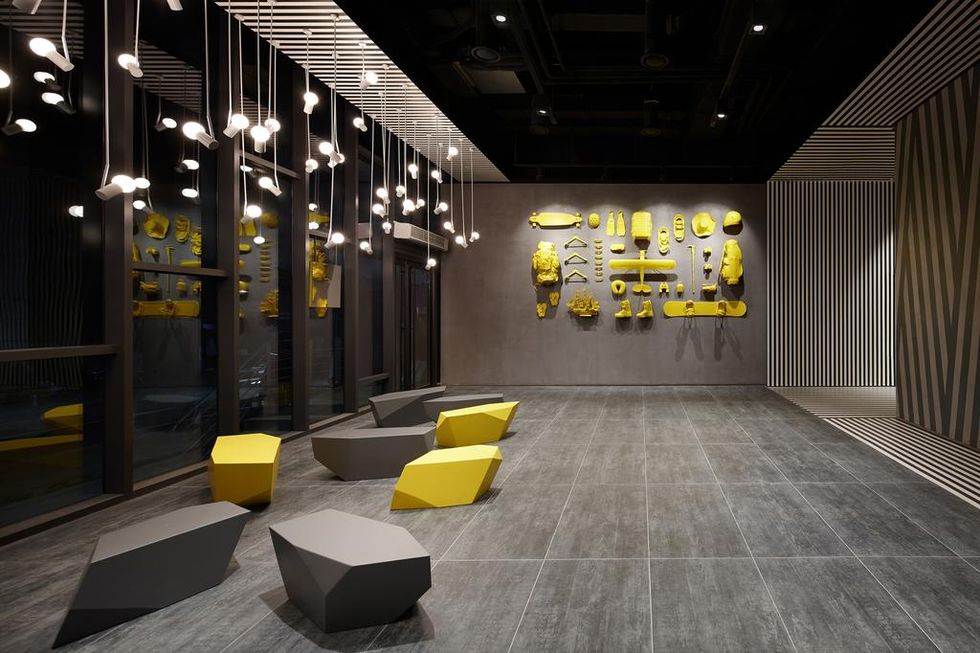 Lobby, Interior design, Yellow, Architecture, Floor, Building, Room, Flooring, Design, Tile, 