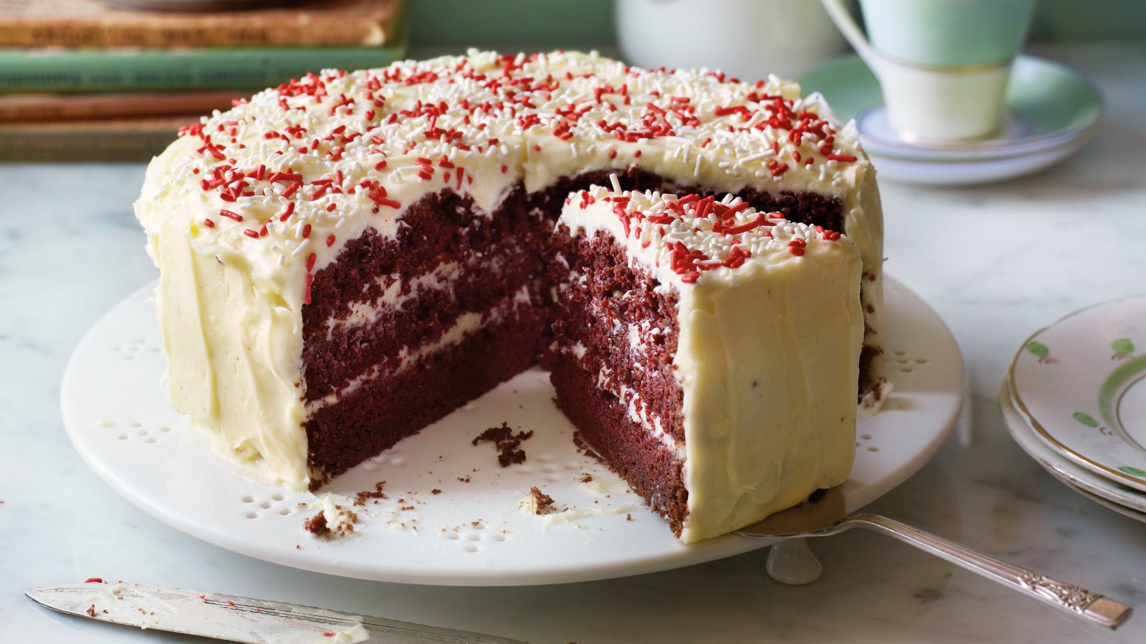 Red velvet cake  Fancy a weekend baking project Give this decadent  fourlayer red velvet cake a go with a chocolatey sponge and plenty of  smooth icing Find this  By BBC