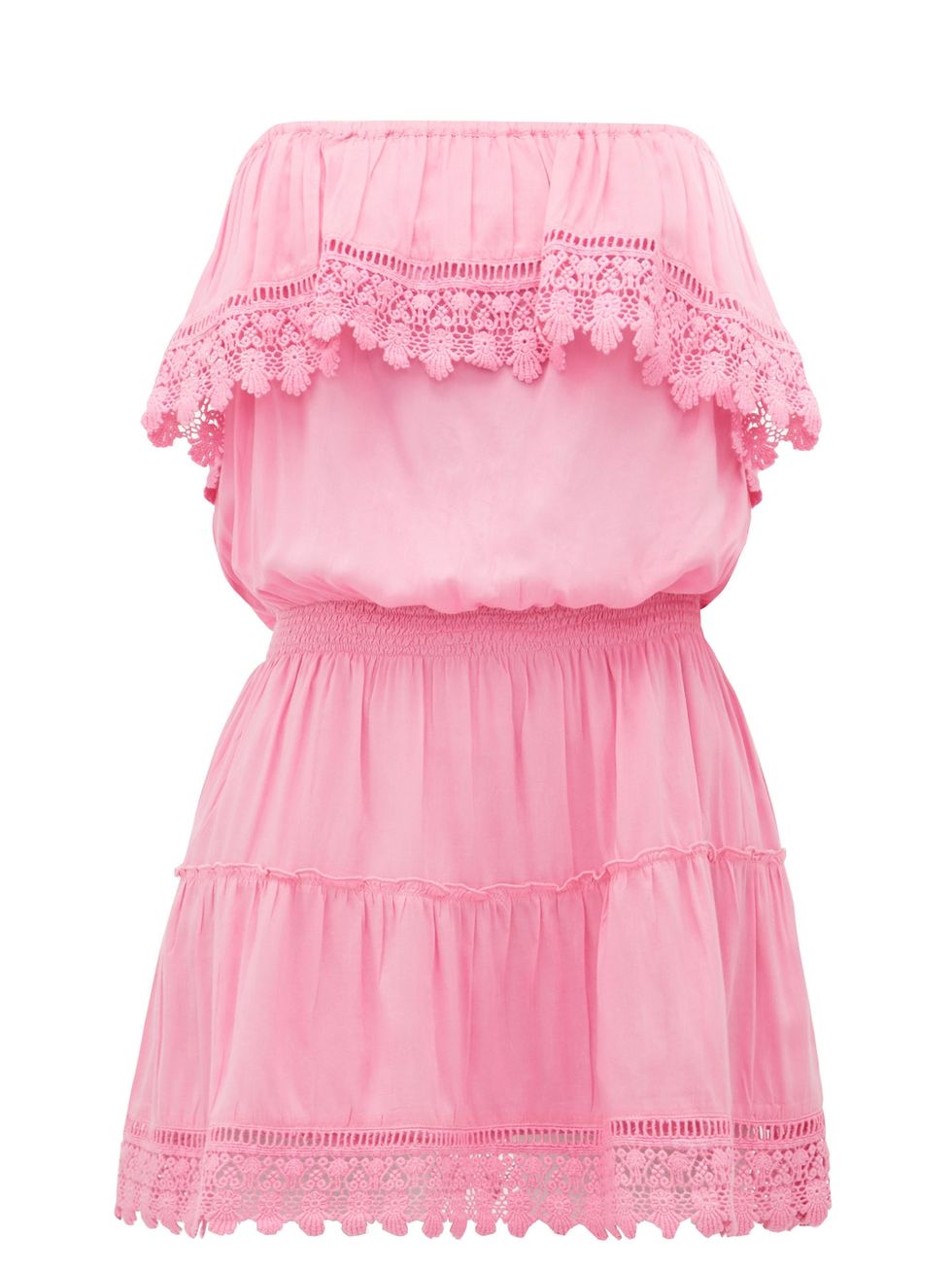 Clothing, Pink, Ruffle, Product, Dress, Shoulder, Day dress, Lace, Textile, Peach, 