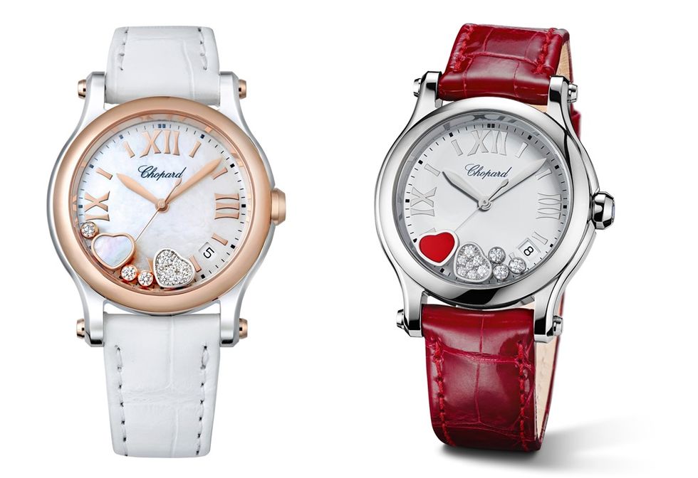 Happy Hearts系列腕錶，精鋼錶殼，直徑36毫米，搭配五個滑動鑽石綴飾與鱷魚皮錶帶，Chopard。