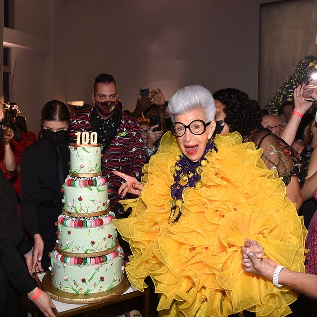 new york, new york   september 09 iris apfel with her birthday cake at her 100th birthday party at central park tower on september 09, 2021 in new york city photo by patrick mcmullangetty images for central park tower