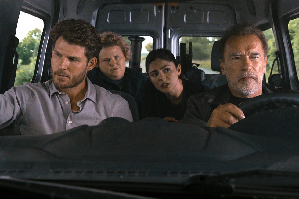 fubar netflix fubar l to r travis van winkle as aldon reece, fortune feimster as roo russell, monica barbaro as emma brunner, arnold schwarzenegger as luke brunner in episode 107 of fubar cr courtesy of netflix © 2023