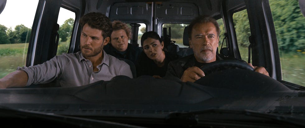 fubar l to r travis van winkle as aldon reece, fortune feimster as roo russell, monica barbaro as emma brunner, arnold schwarzenegger as luke brunner in episode 107 of fubar cr courtesy of netflix © 2023