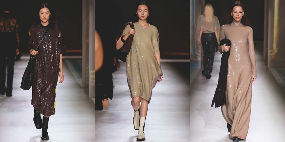 【米蘭時裝週】Bottega Veneta 2020 秋冬大秀推出亮面材質連身裙。