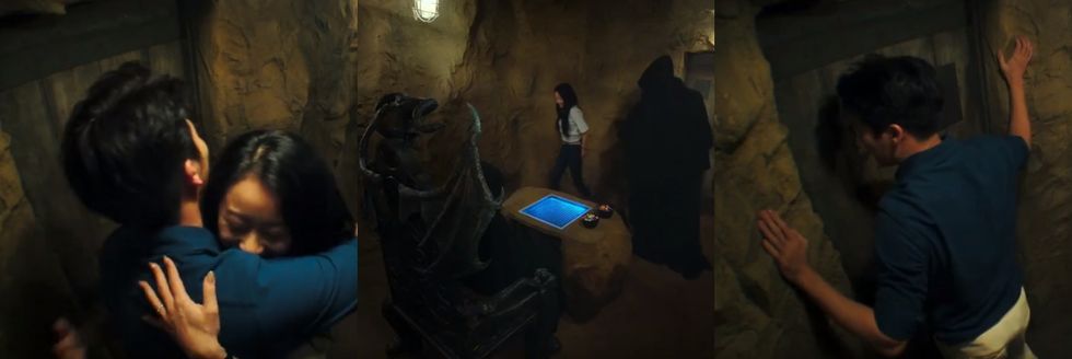 a group of people in a cave
