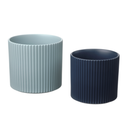 a couple of blue and white cylindrical containers