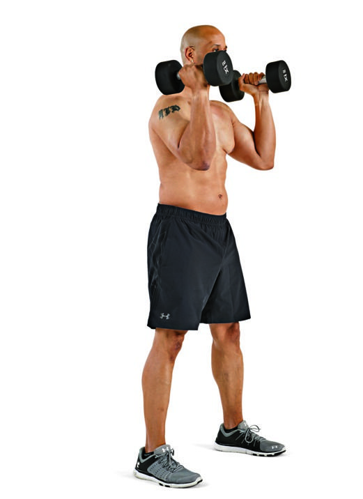 Weights, Exercise equipment, Shoulder, Standing, Arm, Barbell, Joint, Muscle, Overhead press, Dumbbell, 