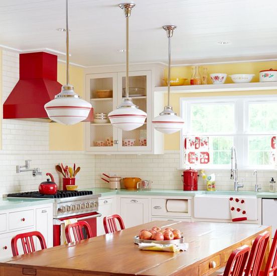 Kitchen, Room, Furniture, Countertop, Red, Property, Interior design, Cabinetry, Orange, Ceiling, 