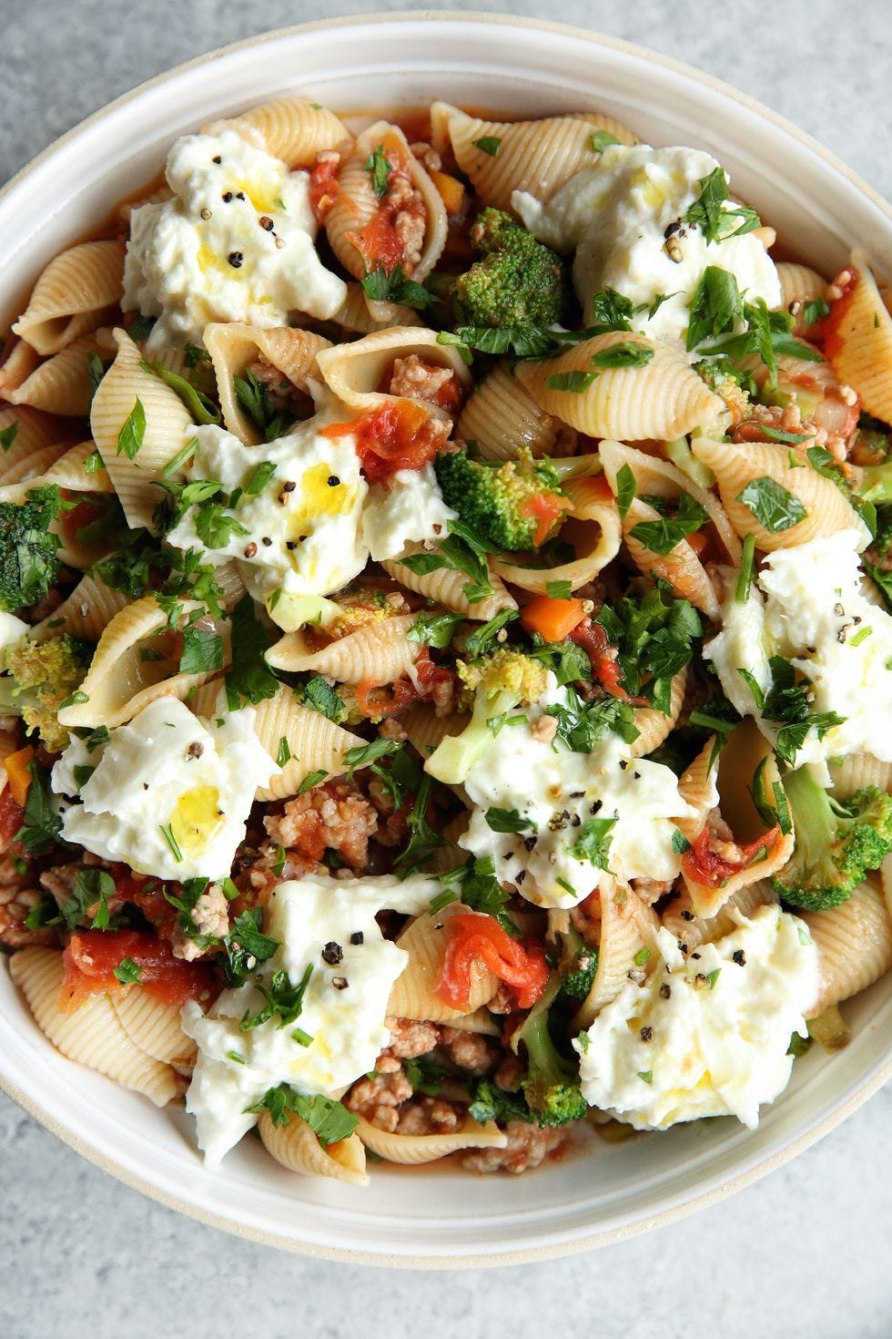 sausage and broccoli ragu with shells and burrata