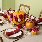 thanksgiving centerpiece pumpkin and flowers