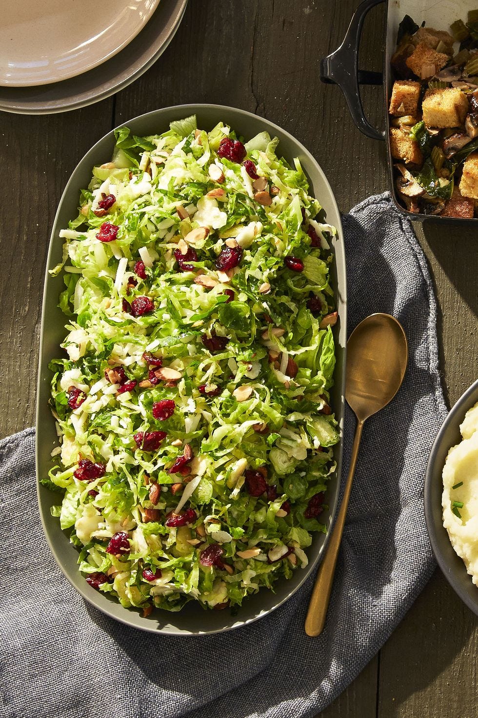 lemony brussels sprout salad with cranberries on top