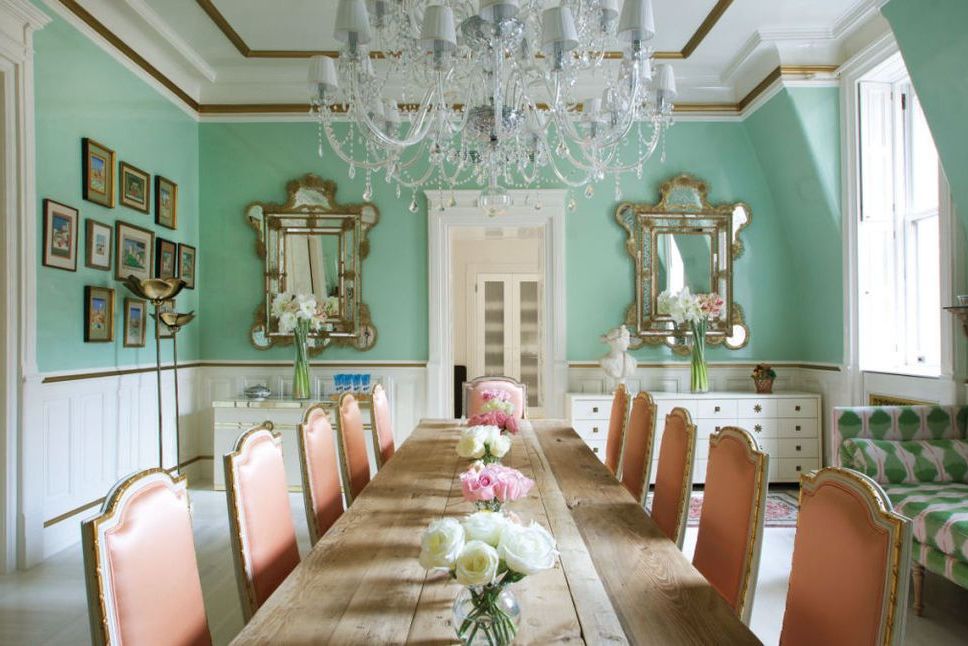 Room, Interior design, Dining room, Ceiling, Pink, Building, Turquoise, Furniture, Chandelier, Home, 