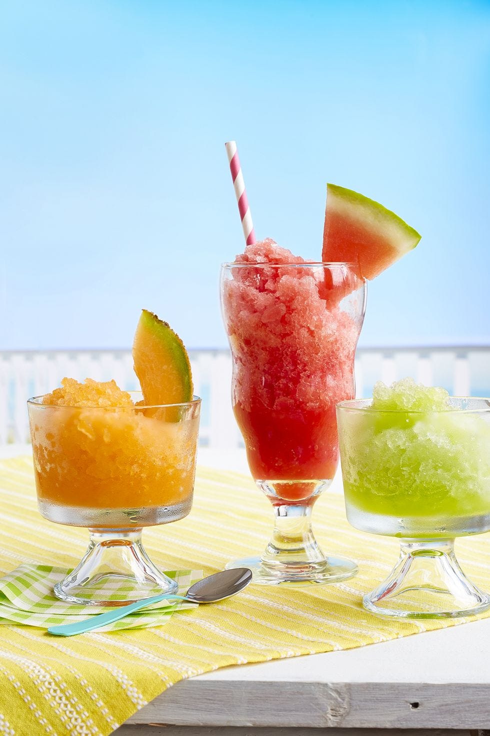 summer melon slushies in clear glasses