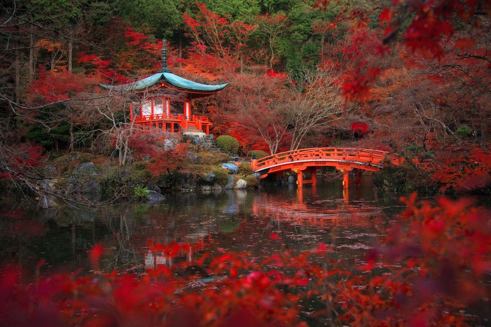 Nature, Red, Reflection, Natural landscape, Leaf, Tree, Autumn, Painting, Chinese architecture, Temple, 