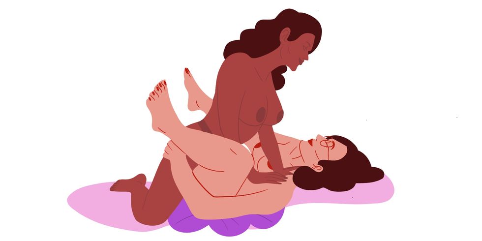 person on bottom has butt elevated with pillow  person on top kneels to enter person on bottom is using a hand or toy on their clit