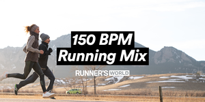 150 bpm songs, guy and girl Day running on rural trail