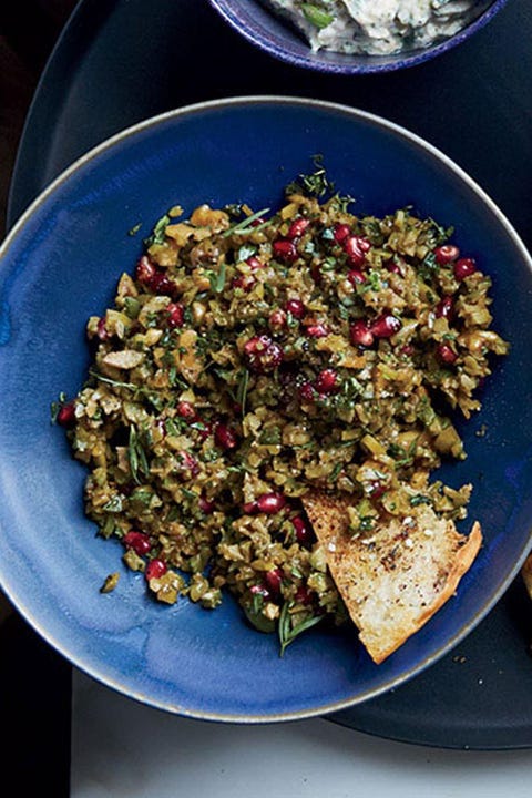 healthy snacks   green olive, walnut, and pomegranate dip