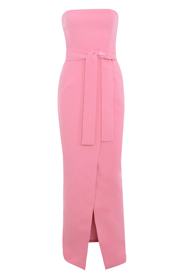 Clothing, Pink, Dress, Trousers, Magenta, Sleeve, Strapless dress, Neck, 