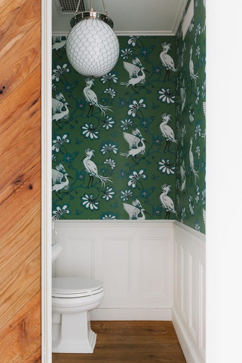 green wall paper bathroom