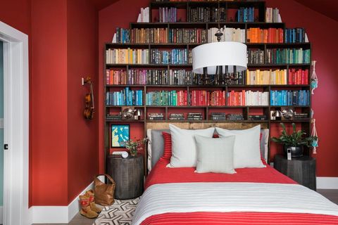 Furniture, Room, Bedroom, Shelf, Shelving, Red, Bookcase, Bed, Interior design, Property, 