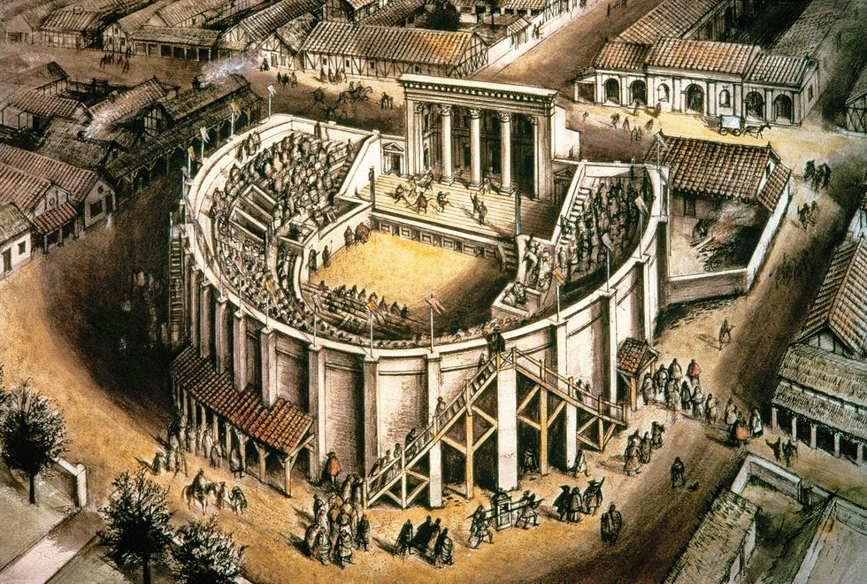 Uit de as herrezenHet theater in Verulamium werd gebouwddein de 2 eeuw tijdensde wederopbouw van de stad na de verwoesting door de troepen van Boudica