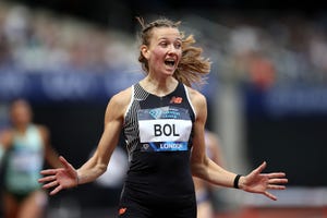 london, england july 23 femke bol of netherlands celebrates after winning the womens 400 metres hurdles during the london athletics meet, part of the 2023 diamond league series at london stadium on july 23, 2023 in london, england photo by s bardens british athleticsbritish athletics via getty images