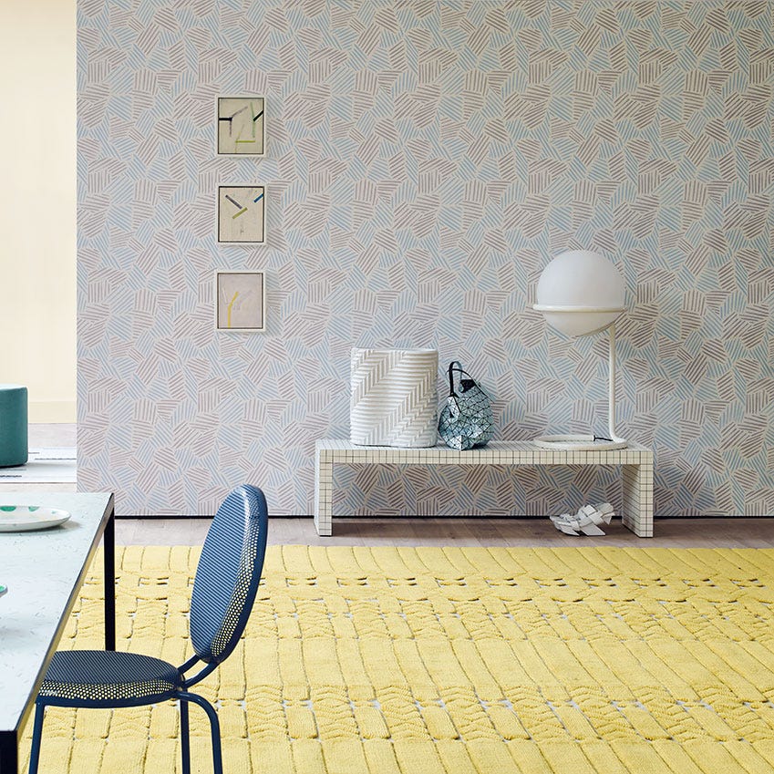 Pastels shoot, with pale lemon yellow rug by La Manufacture Cogolin. First featured in the May 2017 “New Pretty” edition of ELLE Decoration. Styling Louisa Grey; Photography Jake Curtis