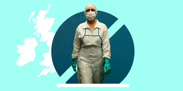 a woman in protective clothing against a blue background