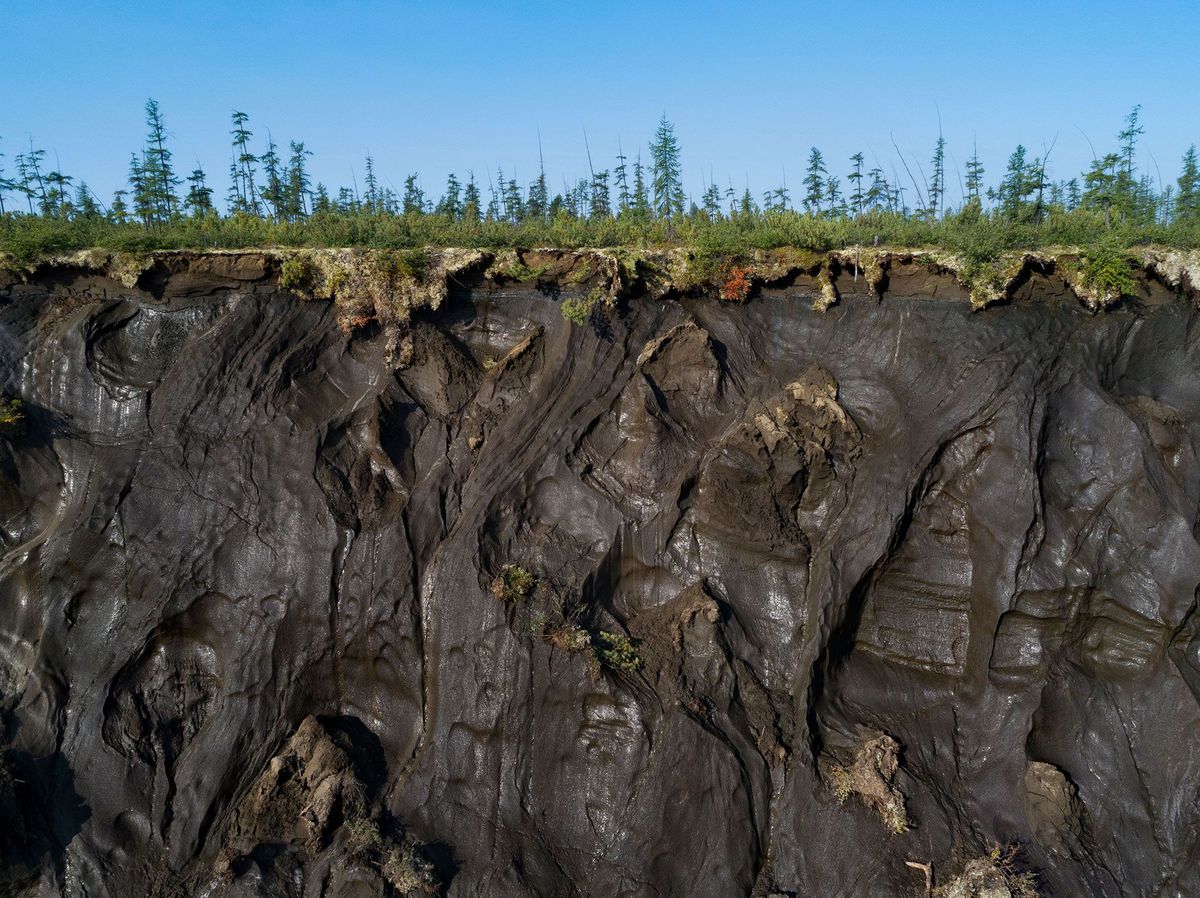 De krater Batagaika in het oosten van Siberi heeft een doorsnede van achthonderd meter en is ontstaan door ontdooiende permafrost De krater bevat de organische resten van bladeren grassen en dieren die duizenden jaren geleden zijn gestorven