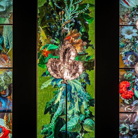 a collage of plants with smith museum of stained glass windows in the background