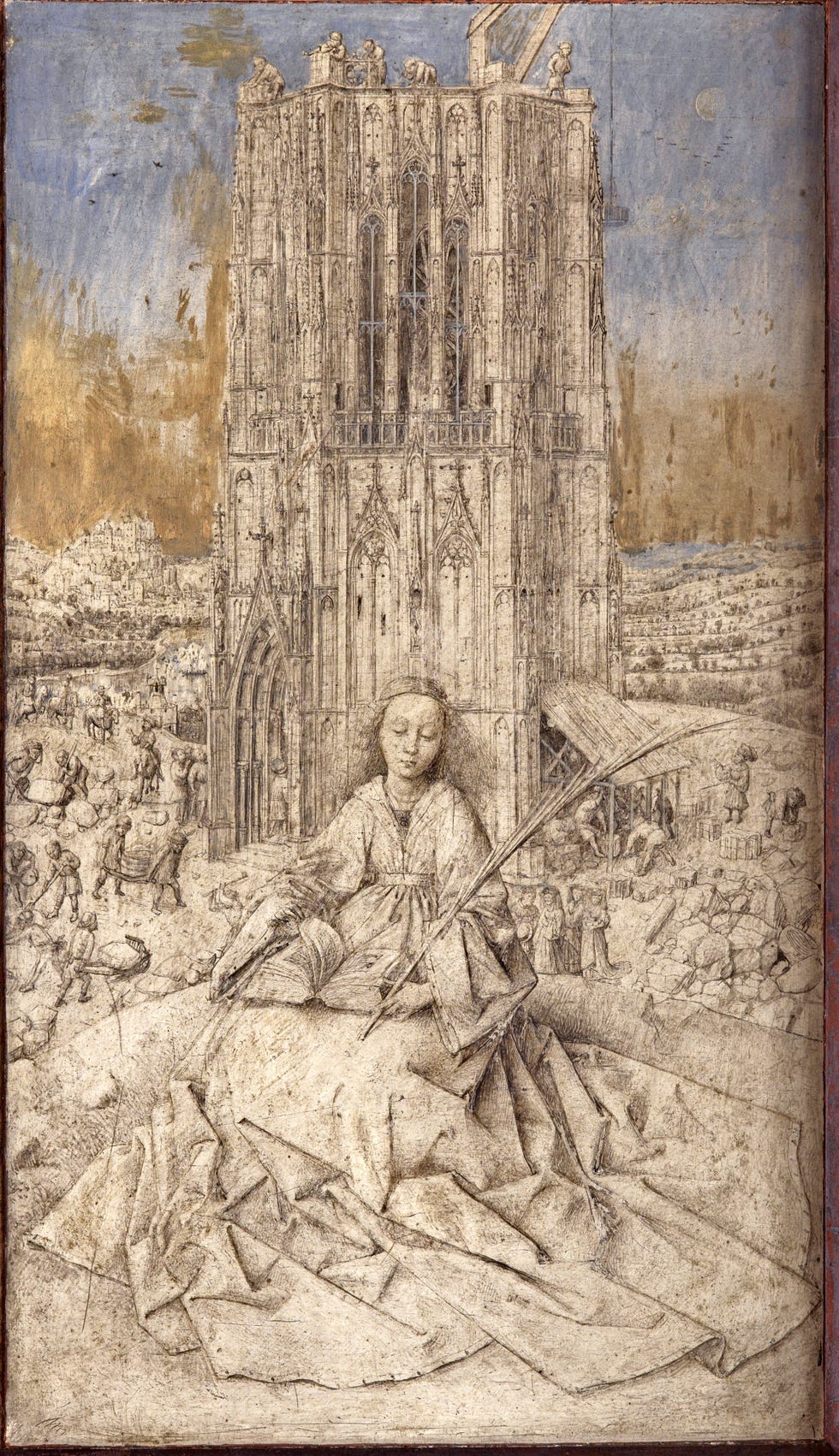 Traditiegetrouw beeldt Jan van Eyck de heilige Barbara af met haar gebruikelijke attribuut de toren waarin haar vader haar liet inmetse len Dit werk toont bij uitstek zijn gedetailleerde stijl en aandacht voor het realistisch in beeld brengen van landschappen