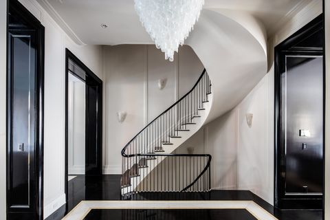 Stairs, Interior design, Architecture, Property, Ceiling, Room, Building, House, Wall, Handrail, 