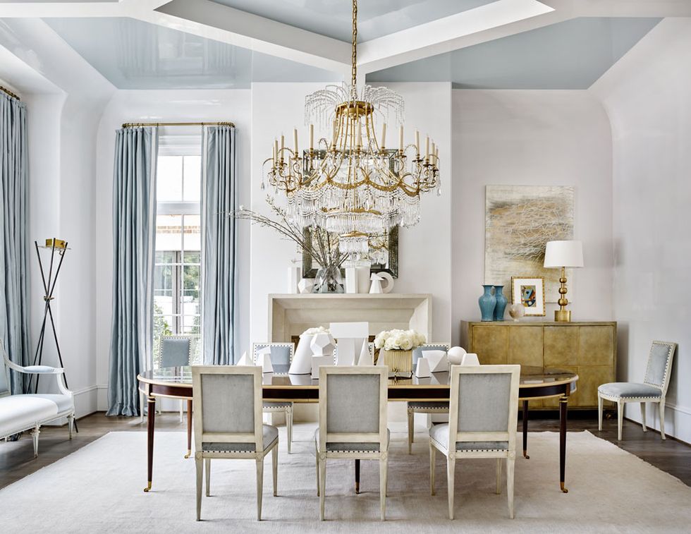 Room, White, Furniture, Ceiling, Dining room, Interior design, Chandelier, Property, Building, Table, 